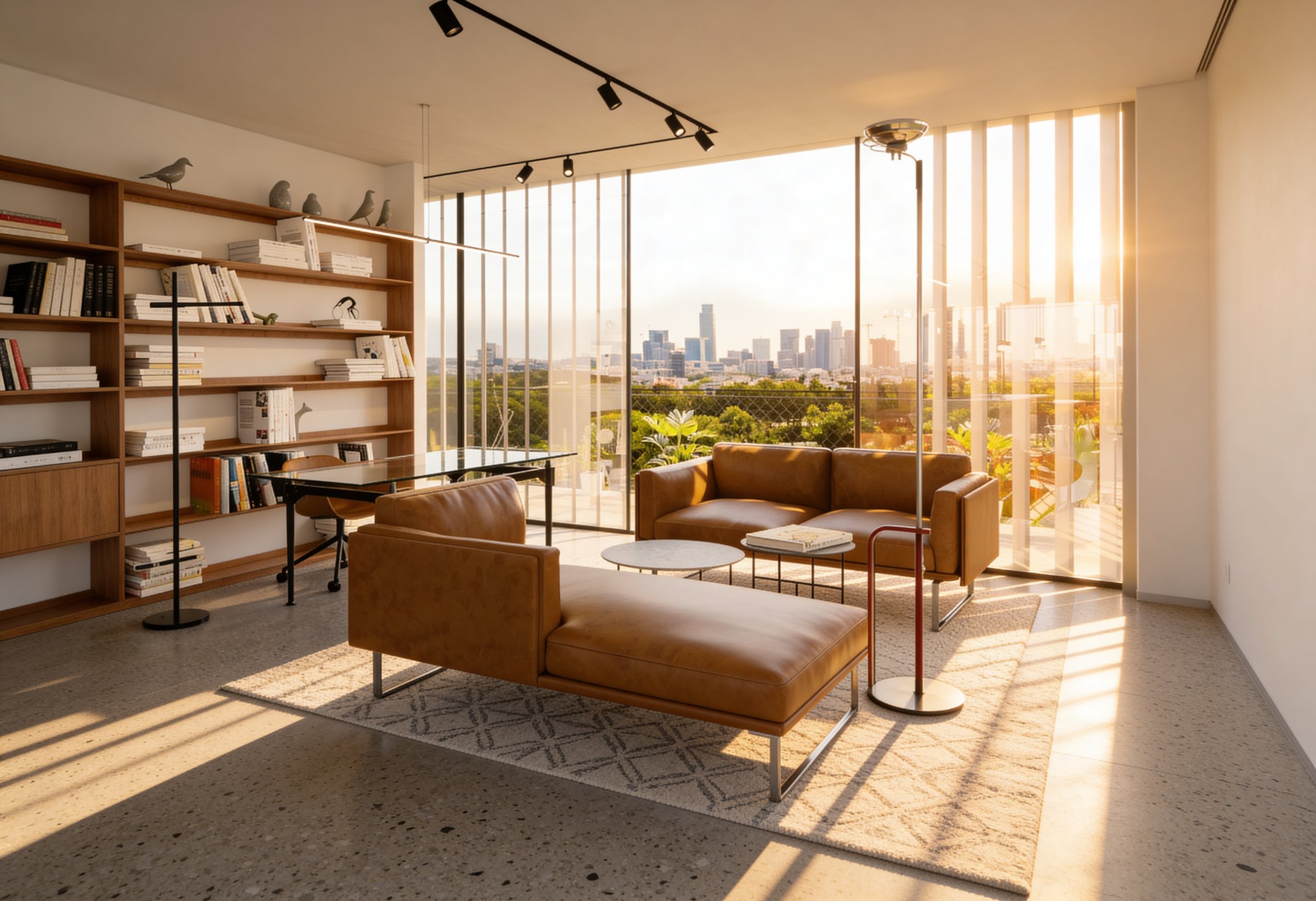 Open-plan living area with terrazzo floors and floor-to-ceiling glass