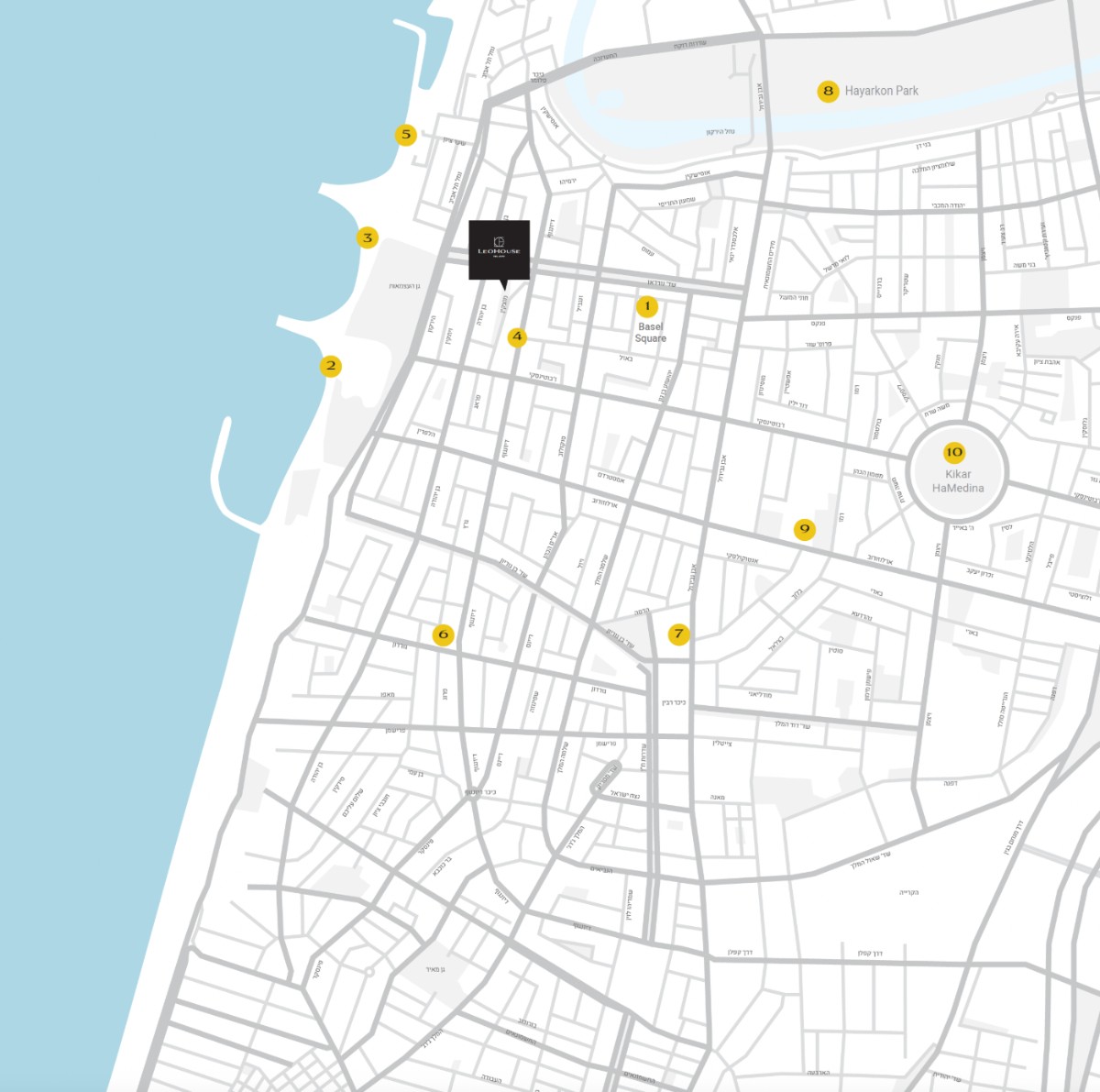 Street map of the Old North, Tel Aviv, with Leo House at Motzkin 10