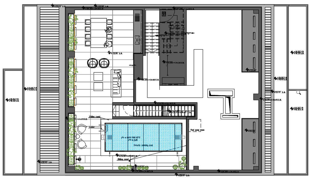 Architectural roof plan of the penthouse with private swimming pool and terrace