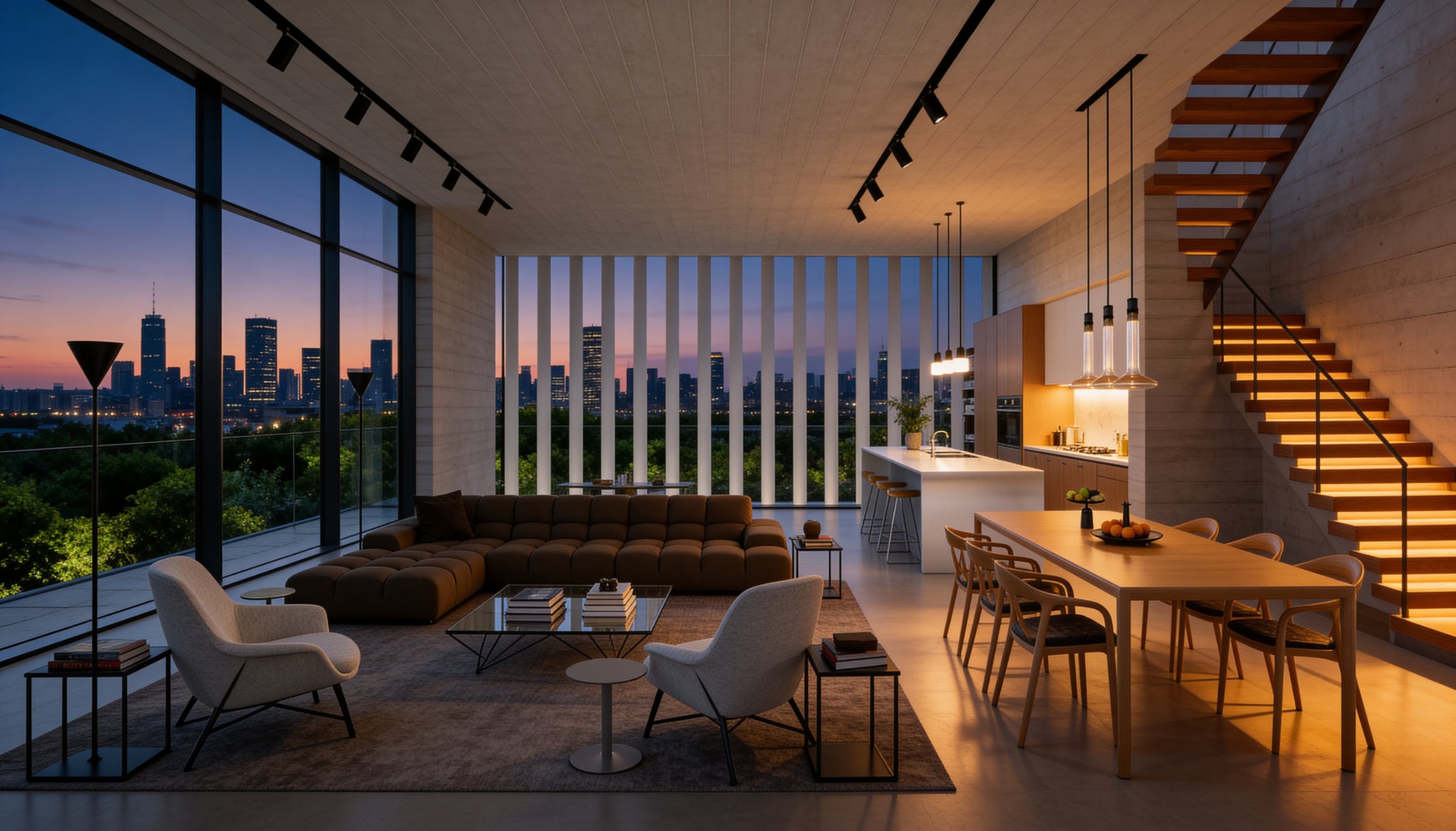 The penthouse — open-plan living and dining above the Tel Aviv skyline at dusk