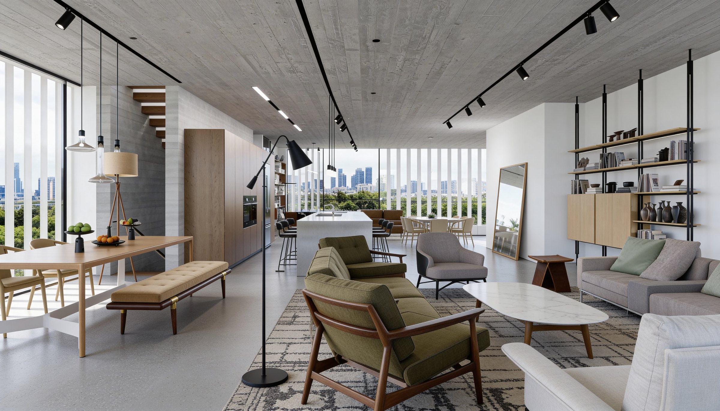 Living salon opening to the Tel Aviv skyline