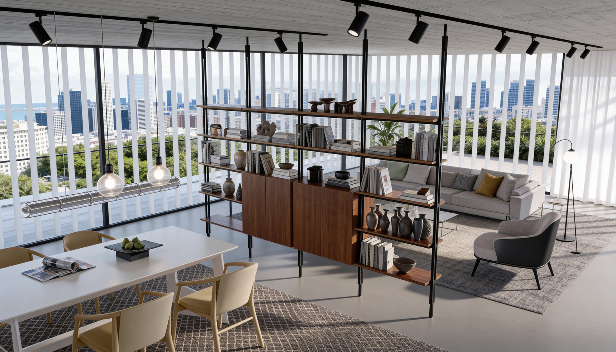 Dining and living space with library shelving and skyline view